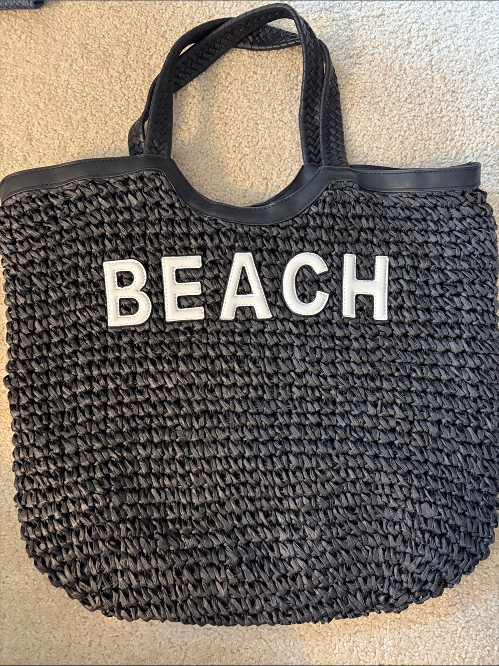 Time and Tru Black and White 'BEACH' Woven Tote Bag - Stylish Summer Beach Bag